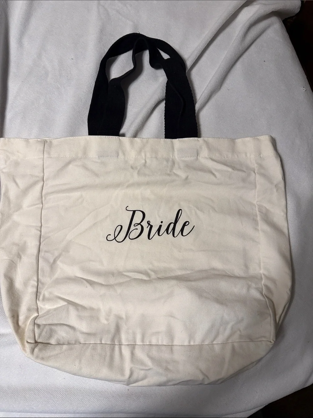 Bride Canvas Tote Bag in Cream with Black Handles